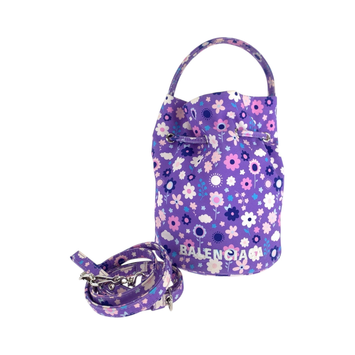 BALENCIAGA Shoulder Bag 656682 Ikat nylon canvas Purple Multicolor SilverMetal Shoulder Bag Handbag 2way Drawstring Bucket Bag Flower Pu Women Used Authentic