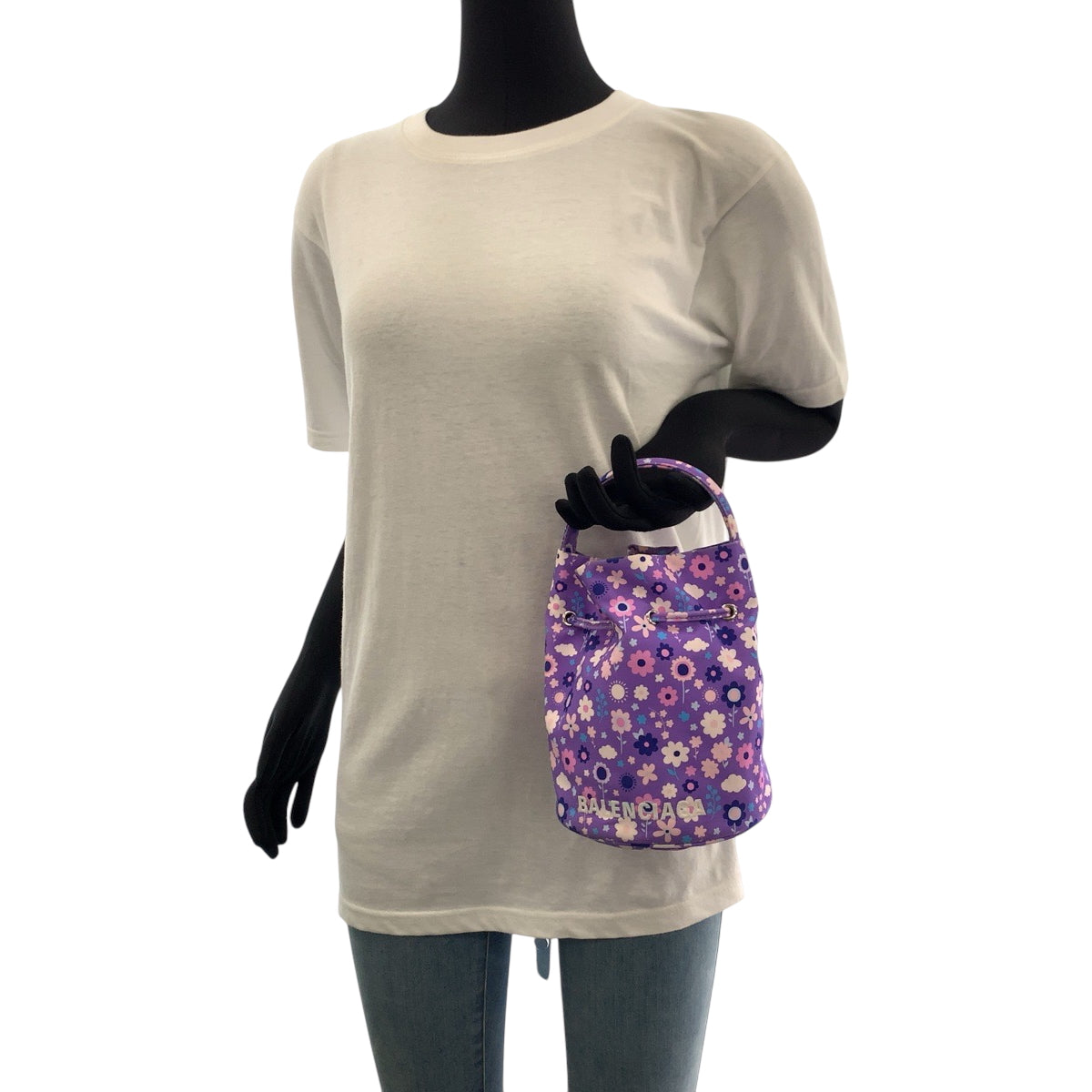 BALENCIAGA Shoulder Bag 656682 Ikat nylon canvas Purple Multicolor SilverMetal Shoulder Bag Handbag 2way Drawstring Bucket Bag Flower Pu Women Used Authentic