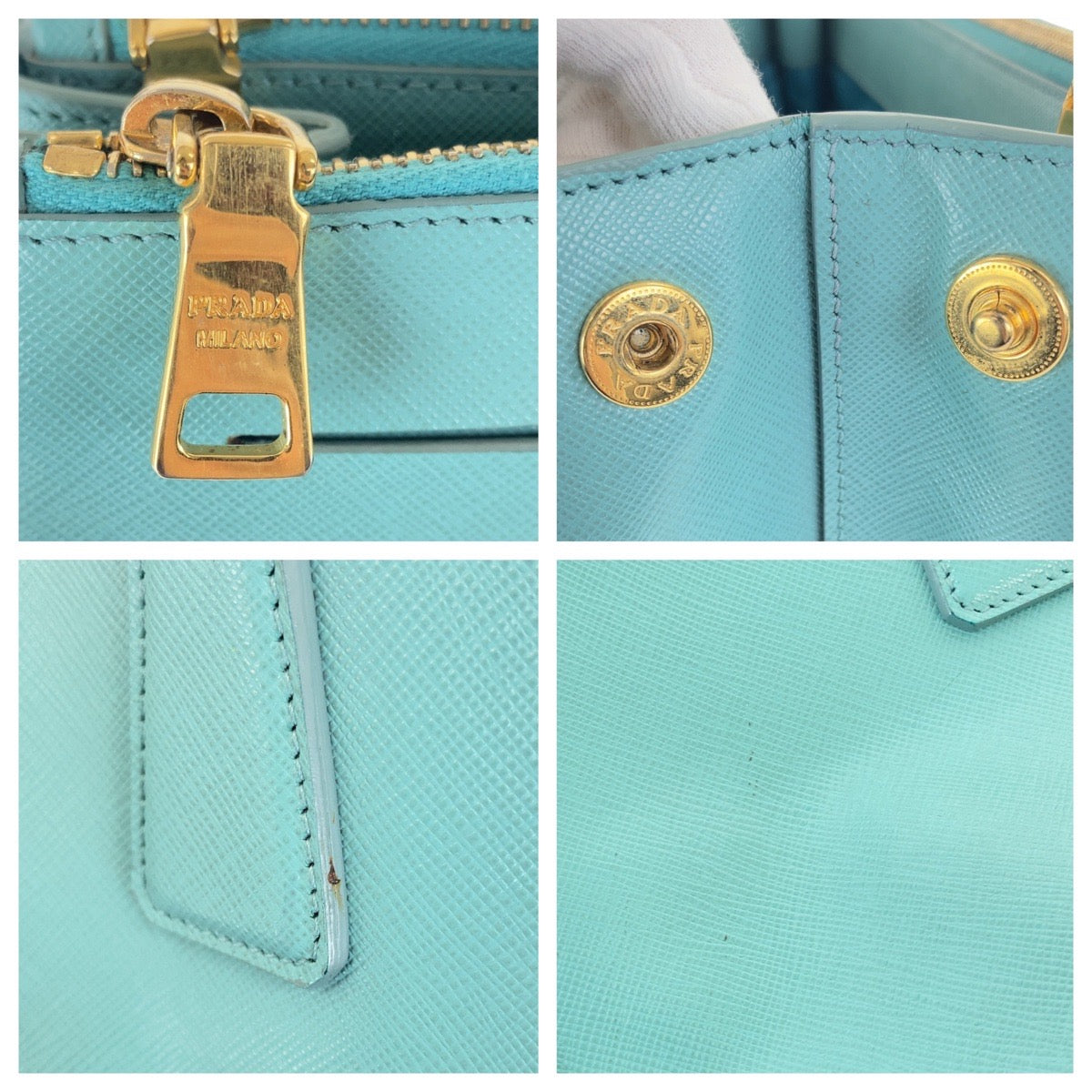 PRADA Tote Bag leather Green Mint Green Gold Metal Tote Bag handbag Safiano TriangleWith logo Galleria Women Used Authentic