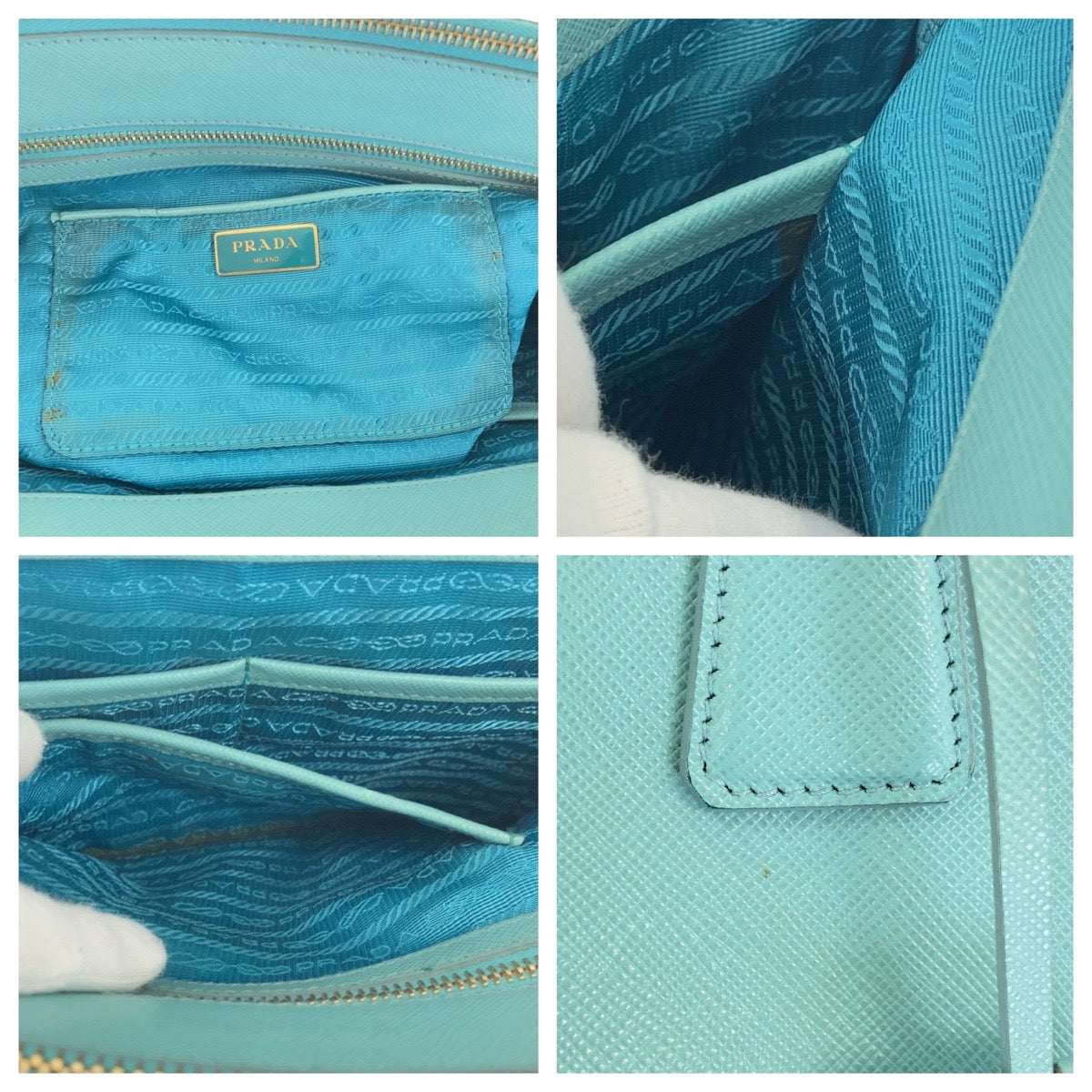 PRADA Tote Bag leather Green Mint Green Gold Metal Tote Bag handbag Safiano TriangleWith logo Galleria Women Used Authentic