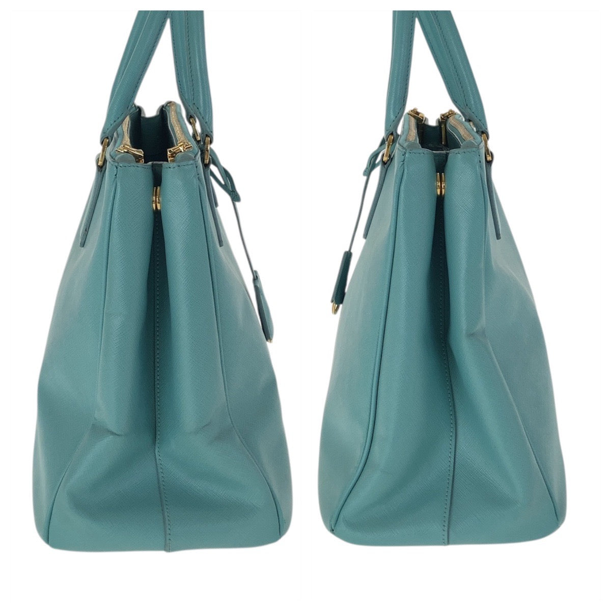 PRADA Tote Bag leather Green Mint Green Gold Metal Tote Bag handbag Safiano TriangleWith logo Galleria Women Used Authentic