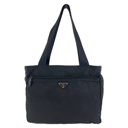 PRADA Tote Bag Nylon Black SilverMetal Tote Bag Shoulder Bag Test Triangle With logo Women Used Authentic