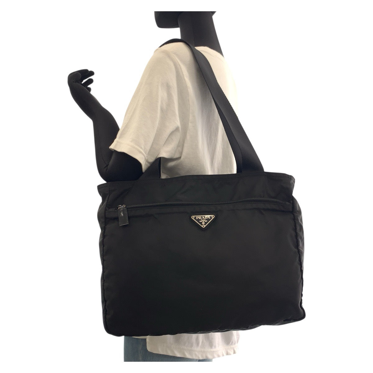 PRADA Tote Bag Nylon Black SilverMetal Tote Bag Shoulder Bag Test Triangle With logo Women Used Authentic