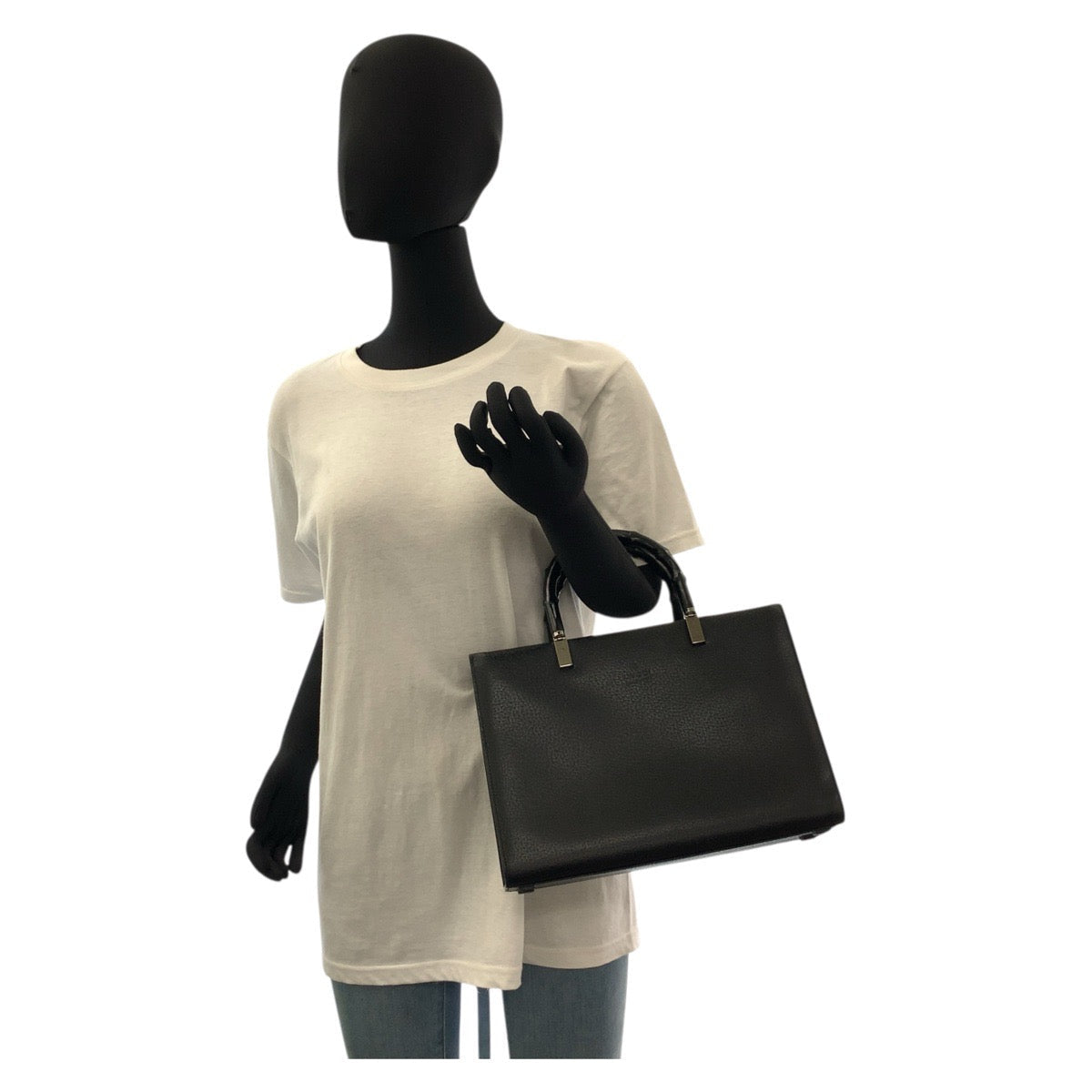 GUCCI Handbag 002 1035 leather Black Gold Metal Handbag Tote Bag Shoulder Bag 2way Bamboo Women Used Authentic