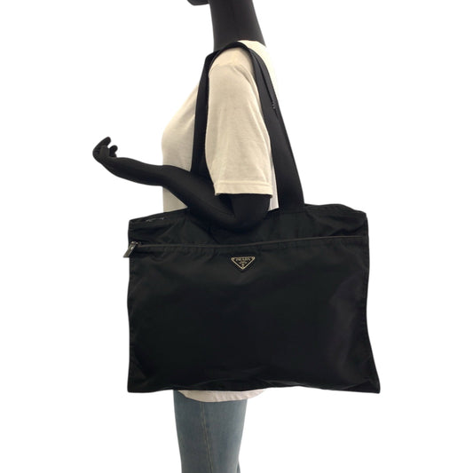 PRADA Tote Bag Nylon Black SilverMetal Tote Bag handbag Test Triangle With logo Women Used Authentic
