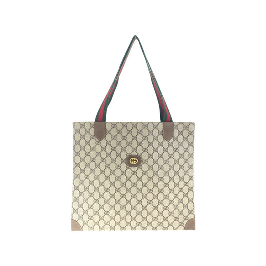 GUCCI Tote Bag 002.63.0048 GG Supreme Canvas Beige Brown Gold Metal Tote Bag Shoulder back Sherry Line Old Gucci Women Used Authentic