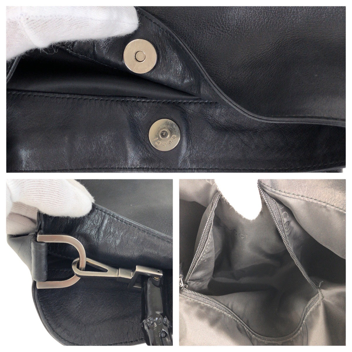 GUCCI Shoulder Bag 001 1577 leather Black SilverMetal Bamboo Women Used Authentic