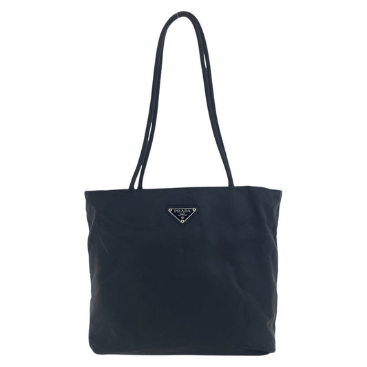 PRADA Tote Bag Nylon Black SilverMetal Tote Bag Shoulder Bag Test Triangle With logo Women Used Authentic