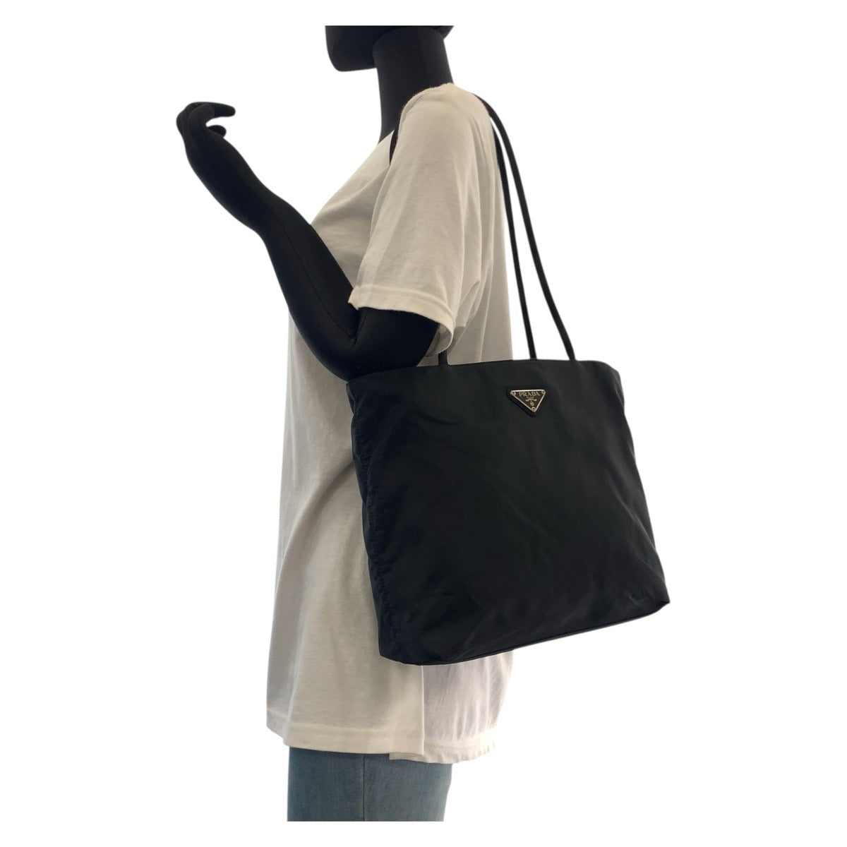 PRADA Tote Bag Nylon Black SilverMetal Tote Bag Shoulder Bag Test Triangle With logo Women Used Authentic
