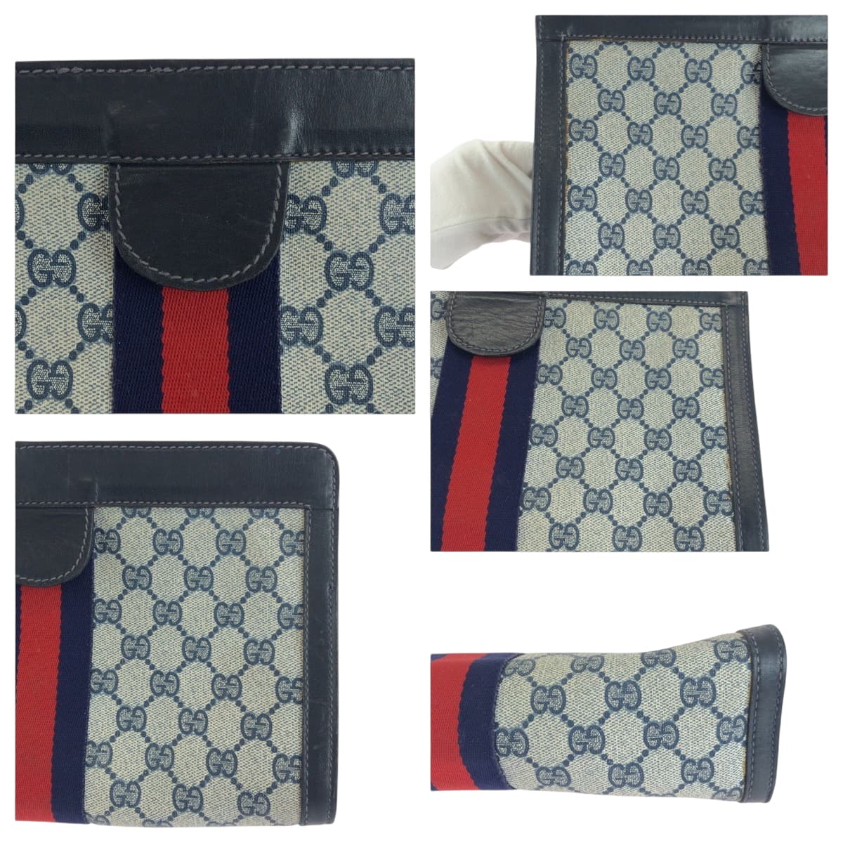 GUCCI Clutch bag GG Supreme Canvas Gray navy Clutch bag business bag Sherry line Women Used Authentic