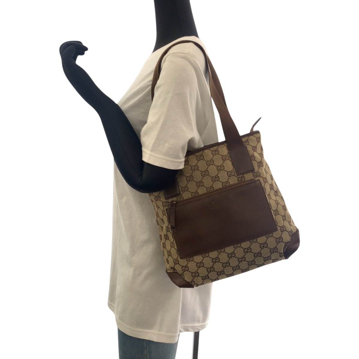 GUCCI Tote Bag 019 0402 GG canvas Brown Beige SilverMetal Tote Bag Shoulder Bag Women Used Authentic