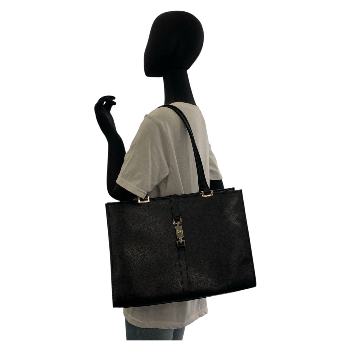 GUCCI Tote Bag 002 1074 leather Black SilverMetal Tote Bag Shoulder Bag Jackie Women Used Authentic