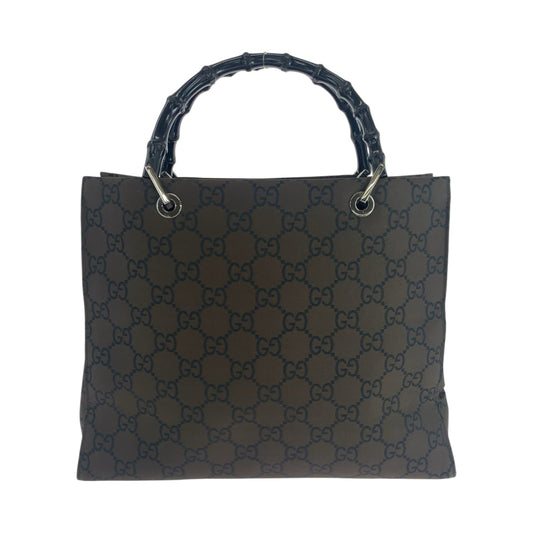 GUCCI Tote Bag 002 1010 Nylon Brown Black SilverMetal Tote Bag handbag Bamboo Women Used Authentic
