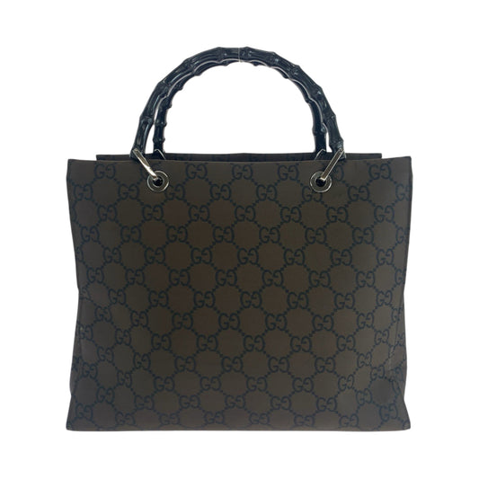 GUCCI Tote Bag 002 1010 Nylon Brown Black SilverMetal Tote Bag handbag Bamboo Women Used Authentic