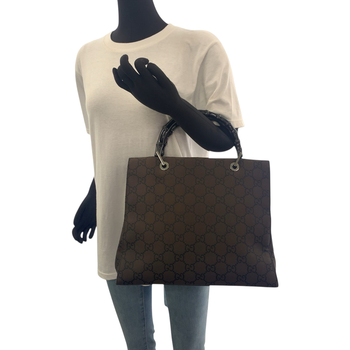 GUCCI Tote Bag 002 1010 Nylon Brown Black SilverMetal Tote Bag handbag Bamboo Women Used Authentic