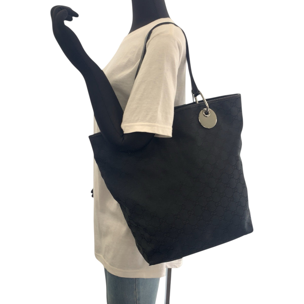 GUCCI Tote Bag 420836 GG canvas Black SilverMetal Tote Bag Shoulder Bag Women Used Authentic