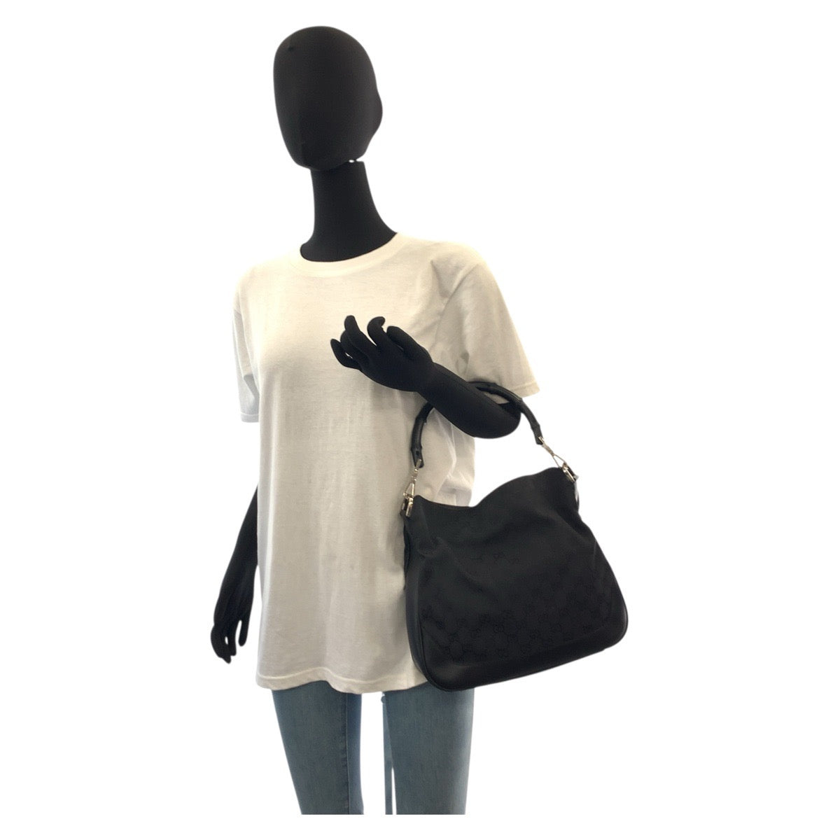 GUCCI Handbag 001 4095 GG canvas Black SilverMetal Handbag Shoulder Bag Bamboo Women Used Authentic