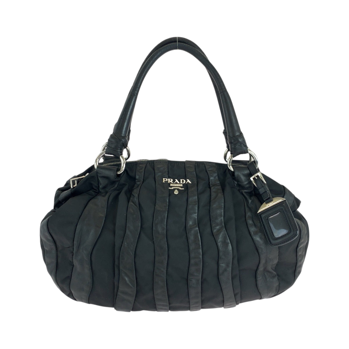 PRADA Handbag Nylon, Leather Black Silver Metal Handbag Shoulder Bag logo Women Used Authentic