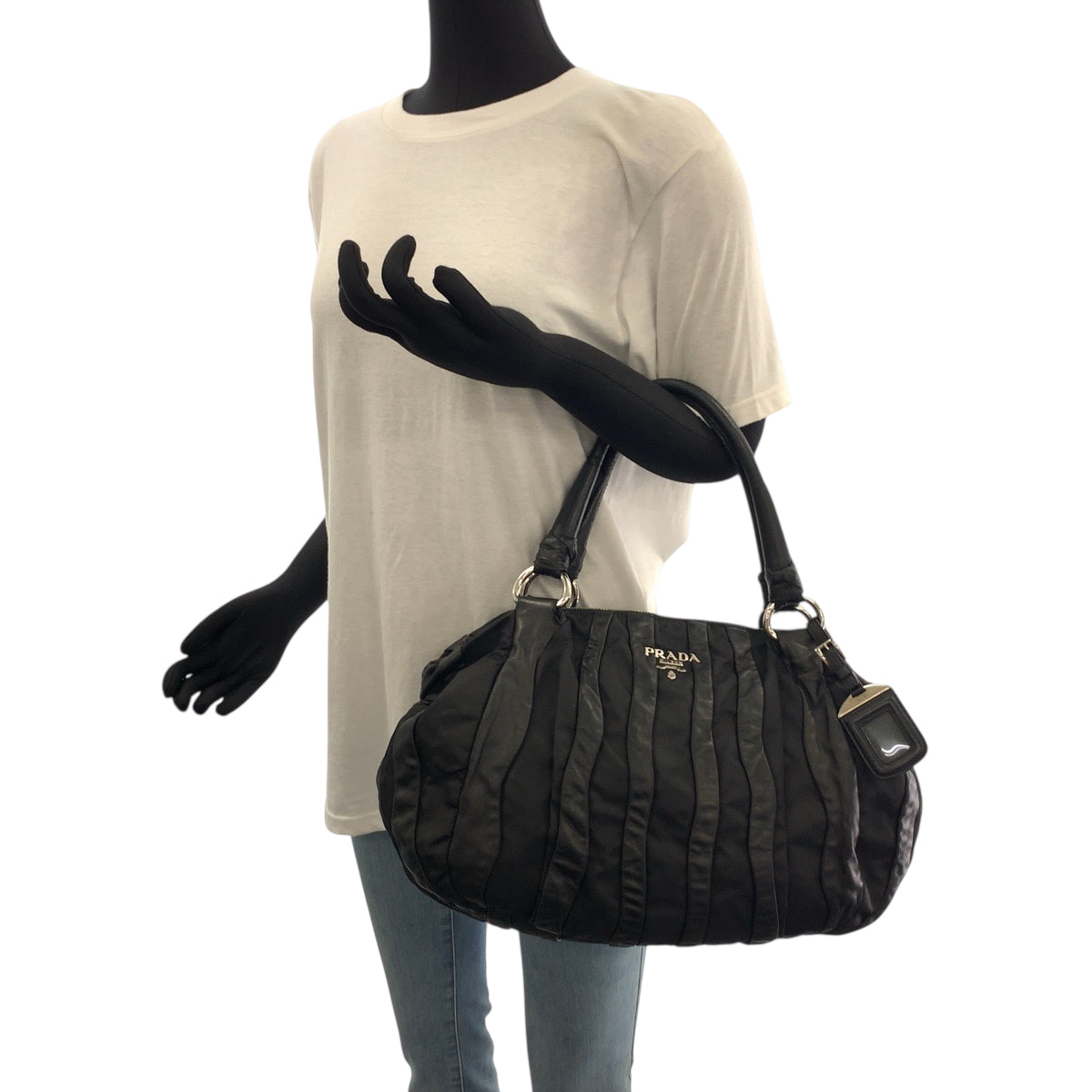 PRADA Handbag Nylon, Leather Black Silver Metal Handbag Shoulder Bag logo Women Used Authentic
