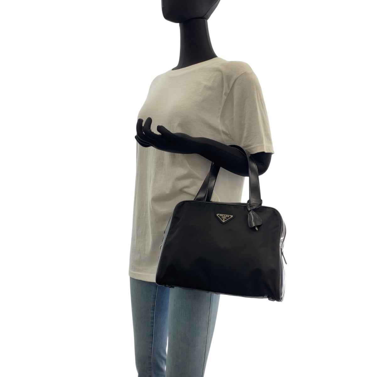 PRADA Handbag Nylon, Leather Black SilverMetal Test Triangle With logo Women Used Authentic