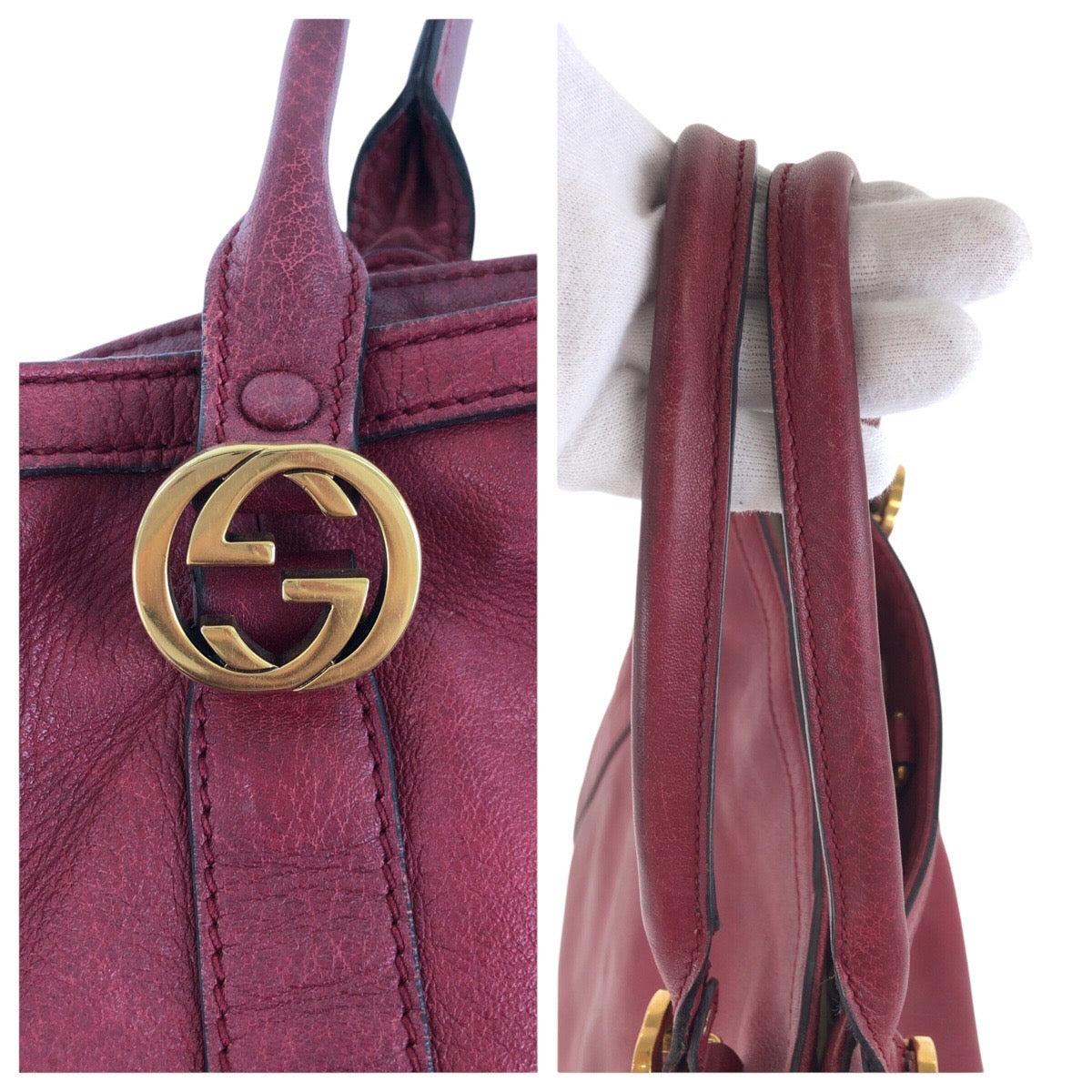 GUCCI Tote Bag 336756 leather Red Gold Metal Tote Bag Shoulder Bag Interlocking Women Used Authentic