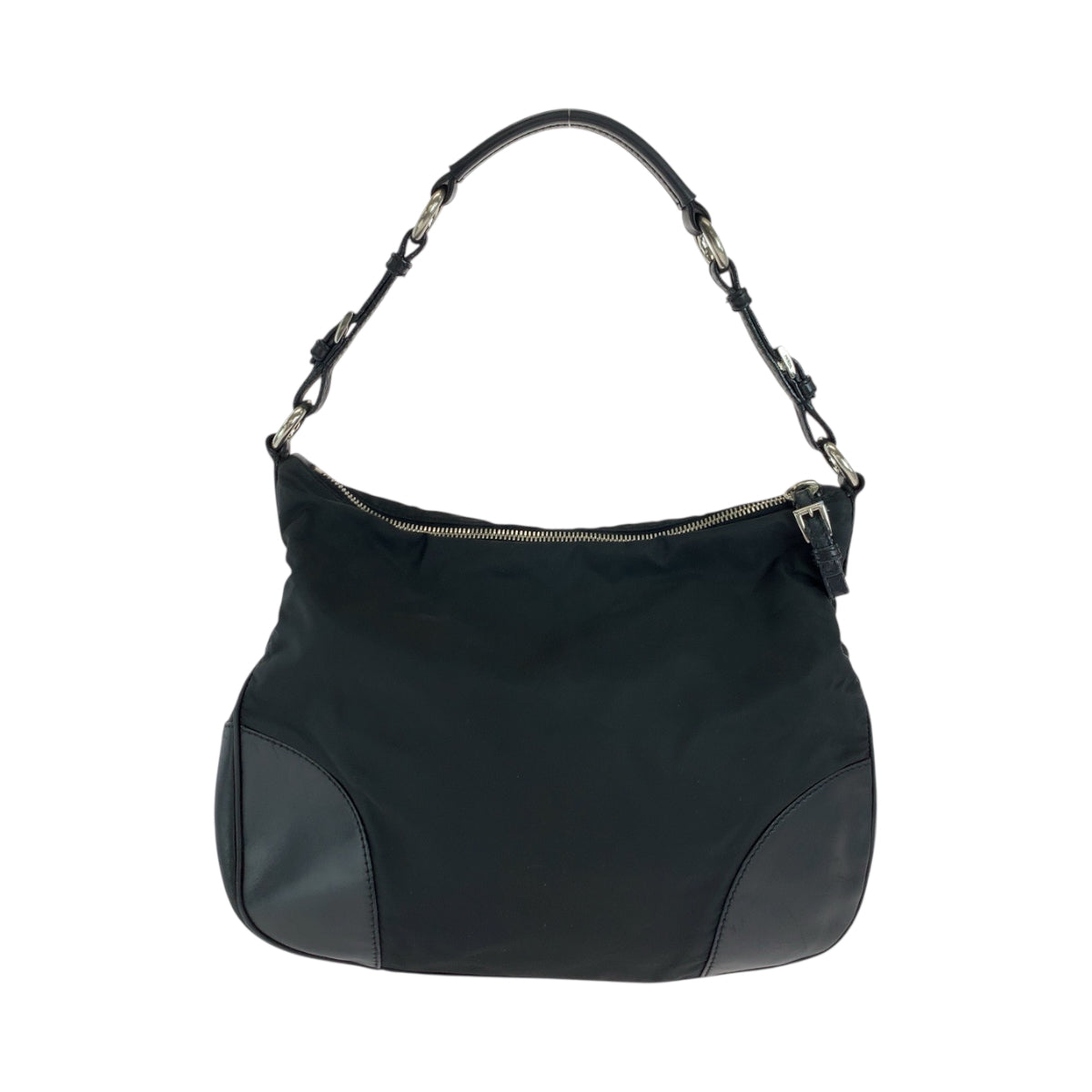 PRADA Shoulder Bag Nylon, Leather Black Silver Metal Hobo Shoulder Bag Test Triangle With logo Women Used Authentic