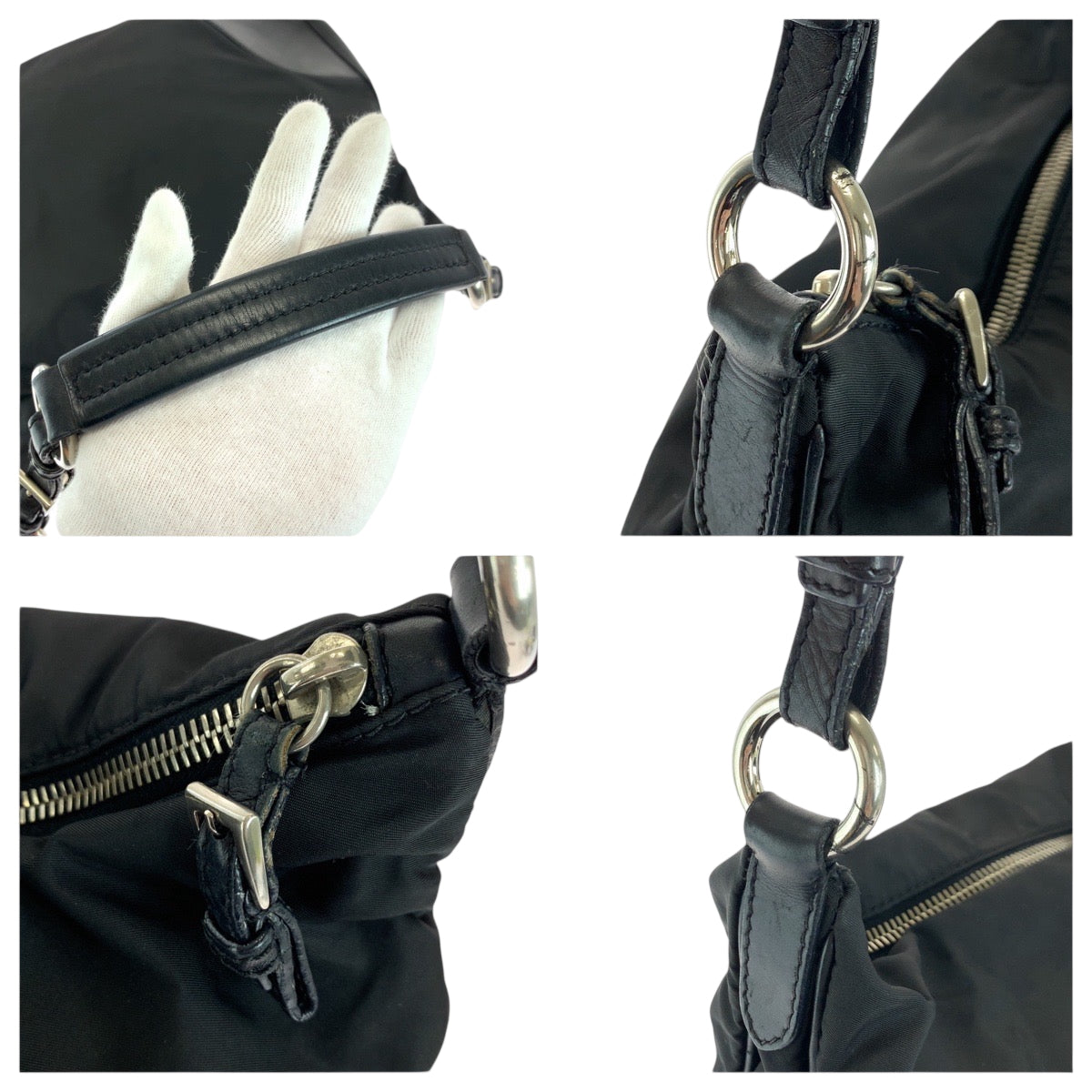 PRADA Shoulder Bag Nylon, Leather Black Silver Metal Hobo Shoulder Bag Test Triangle With logo Women Used Authentic