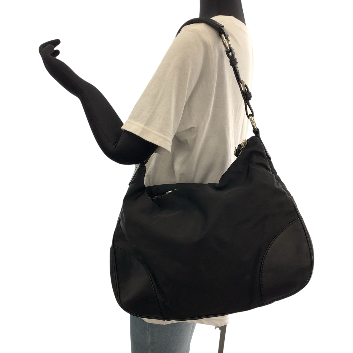 PRADA Shoulder Bag Nylon, Leather Black Silver Metal Hobo Shoulder Bag Test Triangle With logo Women Used Authentic