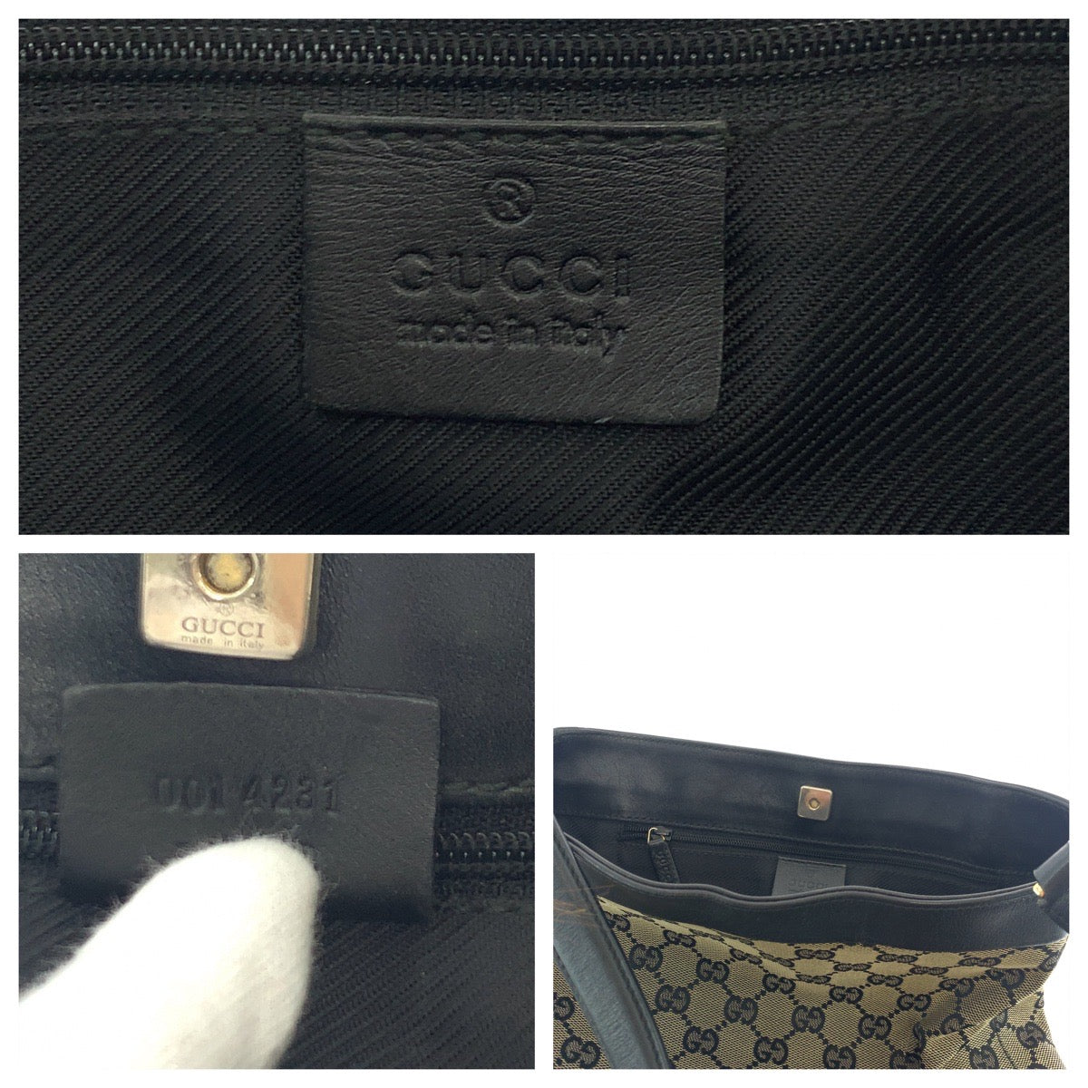 GUCCI Shoulder Bag 001 4231 GG canvas Black Beige Gold Metal One Shoulder Bag Women Used Authentic