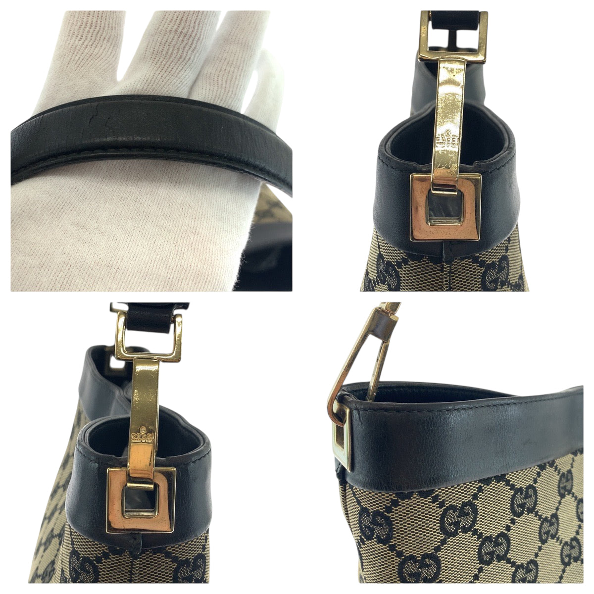 GUCCI Shoulder Bag 001 4231 GG canvas Black Beige Gold Metal One Shoulder Bag Women Used Authentic