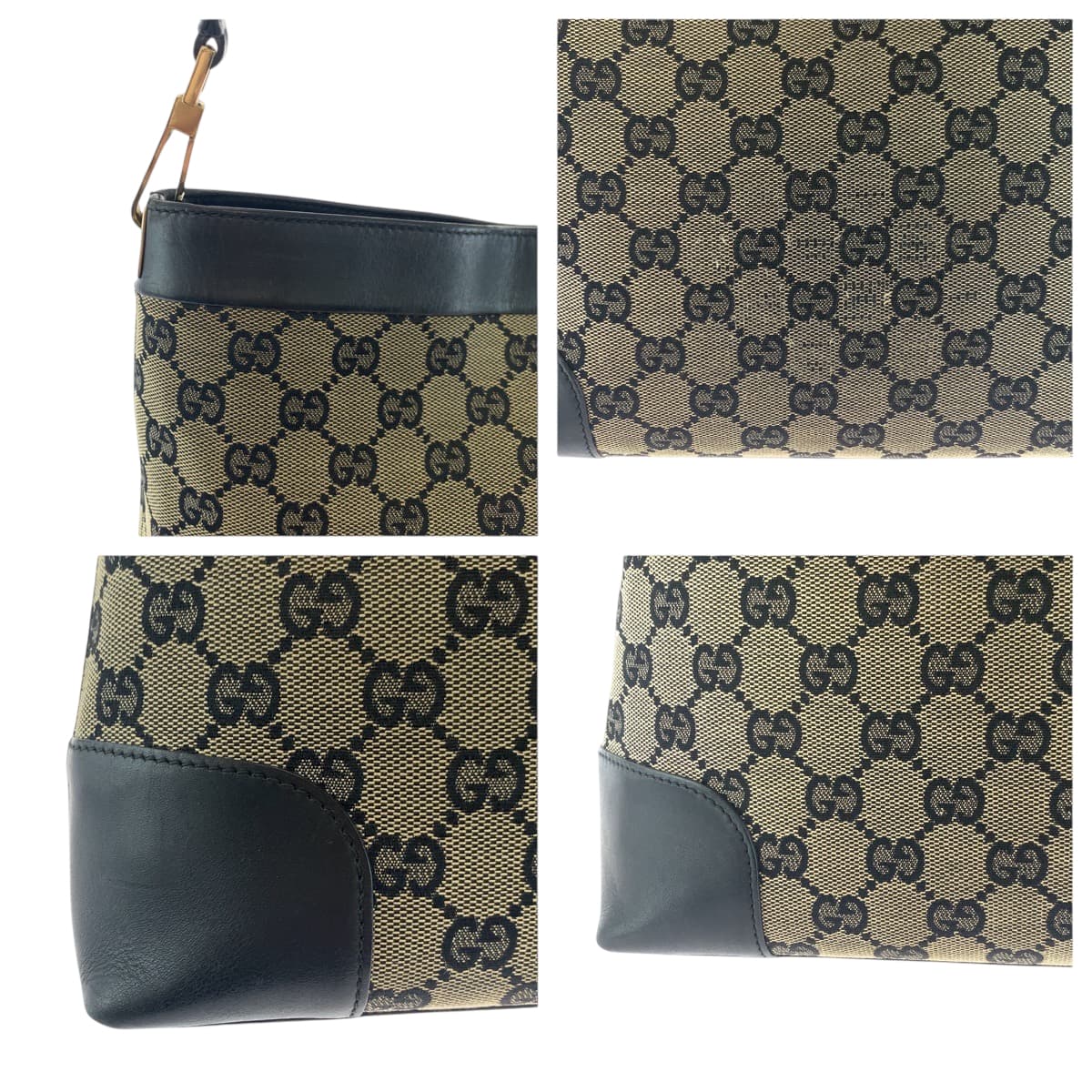 GUCCI Shoulder Bag 001 4231 GG canvas Black Beige Gold Metal One Shoulder Bag Women Used Authentic