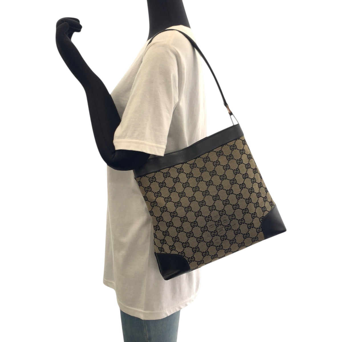 GUCCI Shoulder Bag 001 4231 GG canvas Black Beige Gold Metal One Shoulder Bag Women Used Authentic