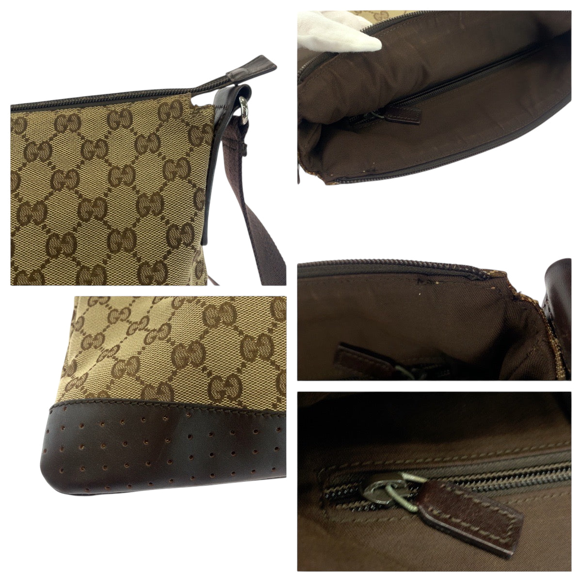 GUCCI Shoulder Bag 145857 GG canvas Beige Brown SilverMetal Shoulder Bag Sacoche punching Women Used Authentic