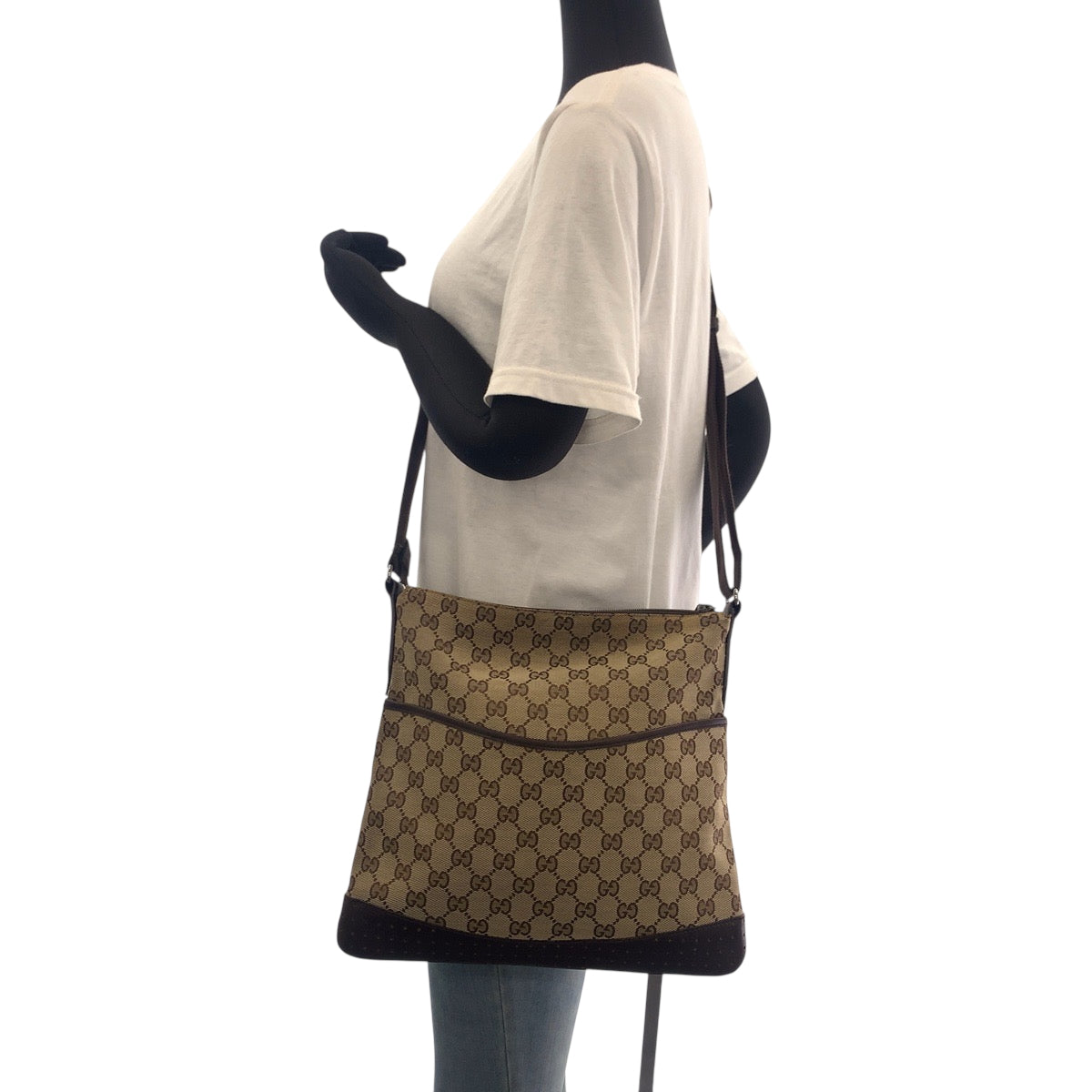 GUCCI Shoulder Bag 145857 GG canvas Beige Brown SilverMetal Shoulder Bag Sacoche punching Women Used Authentic