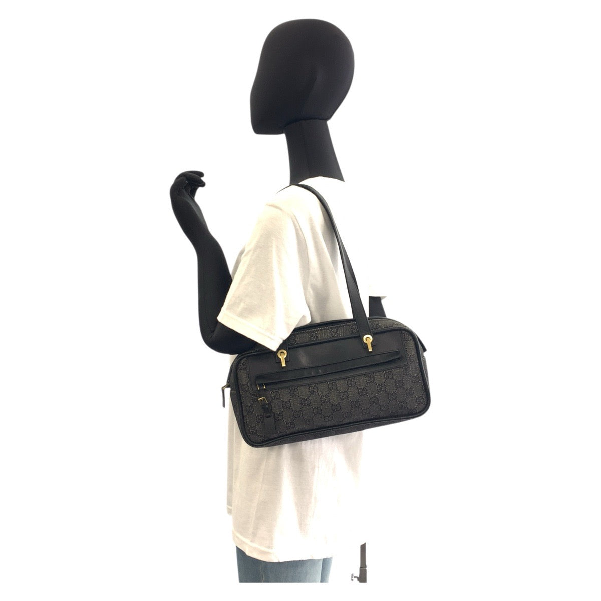 GUCCI Shoulder Bag 92729 GG canvas, leather Black GoldMetal Women Used Authentic
