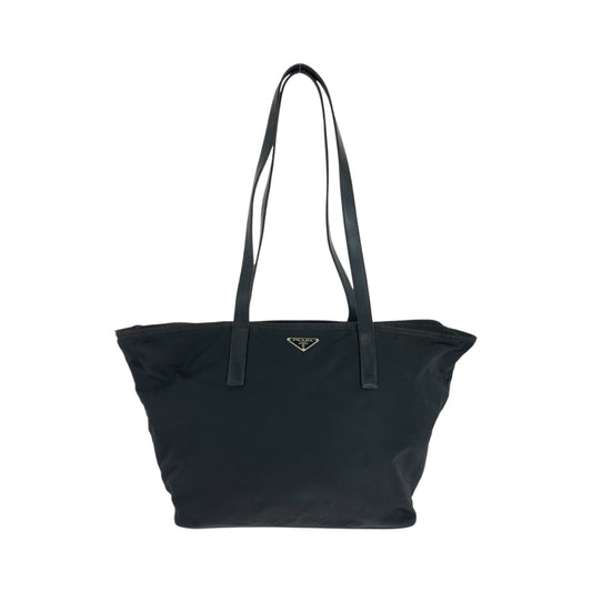 PRADA Tote Bag Nylon Black Silver Metal Tote Bag Shoulder Bag Test Triangle With logo Women Used Authentic