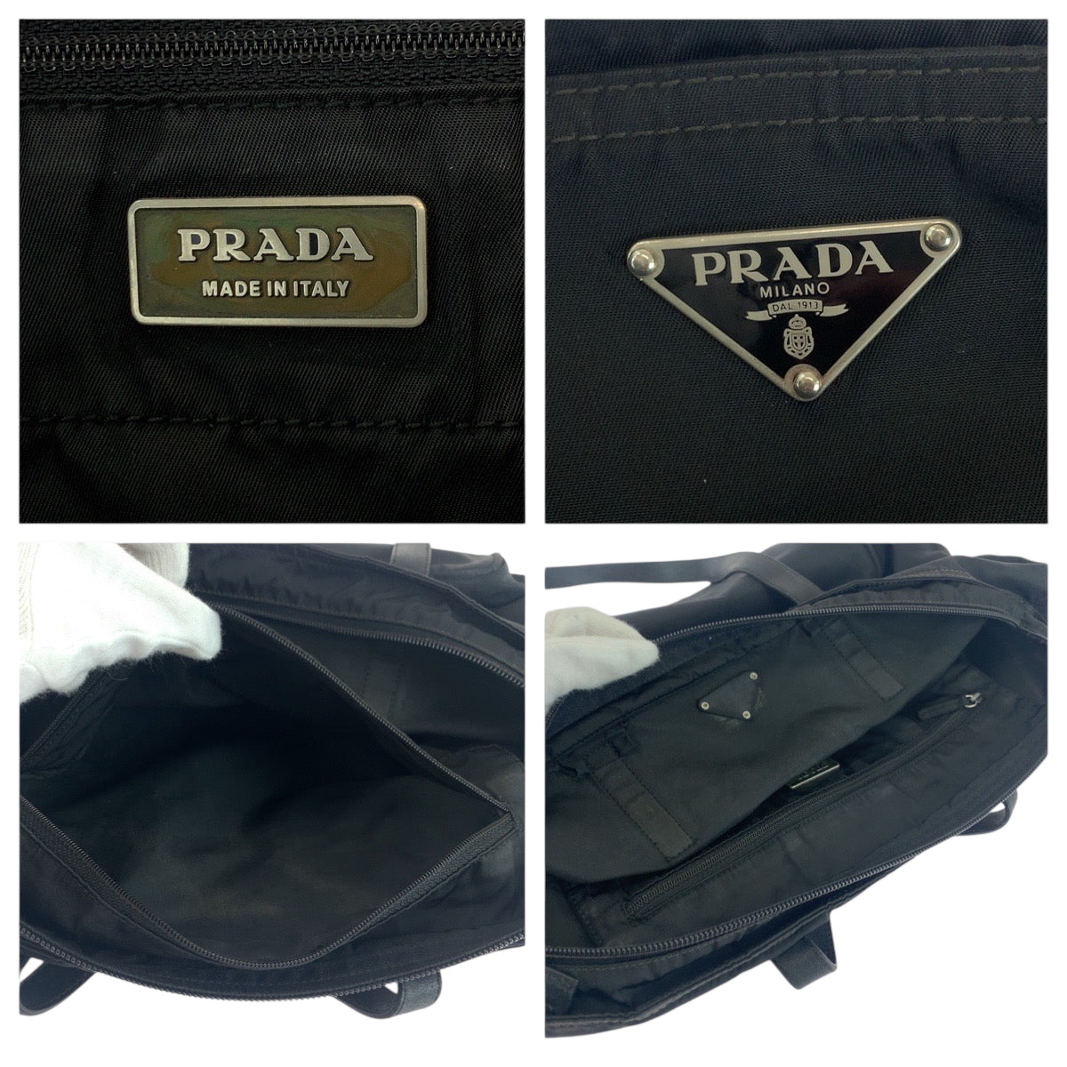 PRADA Tote Bag Nylon Black Silver Metal Tote Bag Shoulder Bag Test Triangle With logo Women Used Authentic
