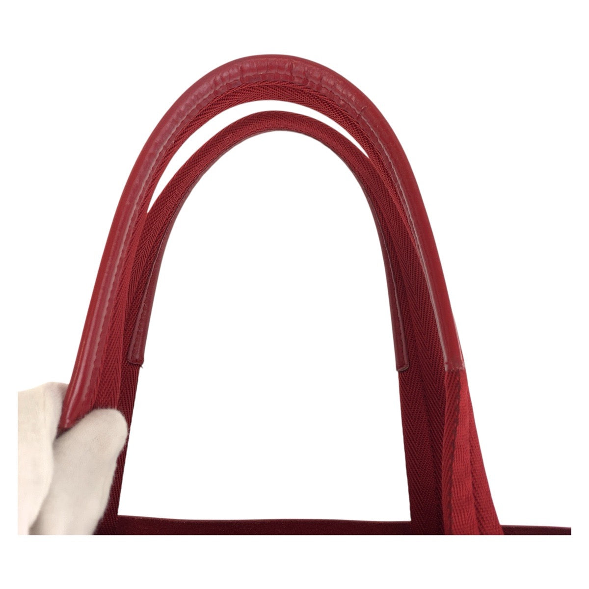 PRADA Tote Bag Leather, Suede Red Tote Bag Shoulder Bag Logo die cut Women Used Authentic