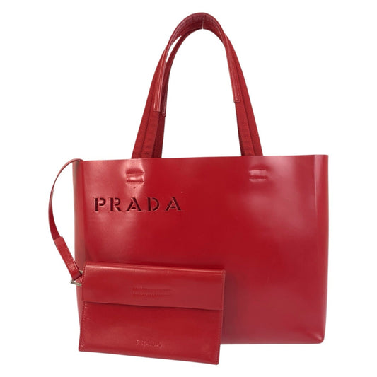 PRADA Tote Bag Leather, Suede Red Tote Bag Shoulder Bag Logo die cut Women Used Authentic