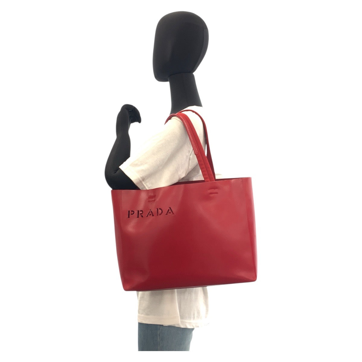 PRADA Tote Bag Leather, Suede Red Tote Bag Shoulder Bag Logo die cut Women Used Authentic