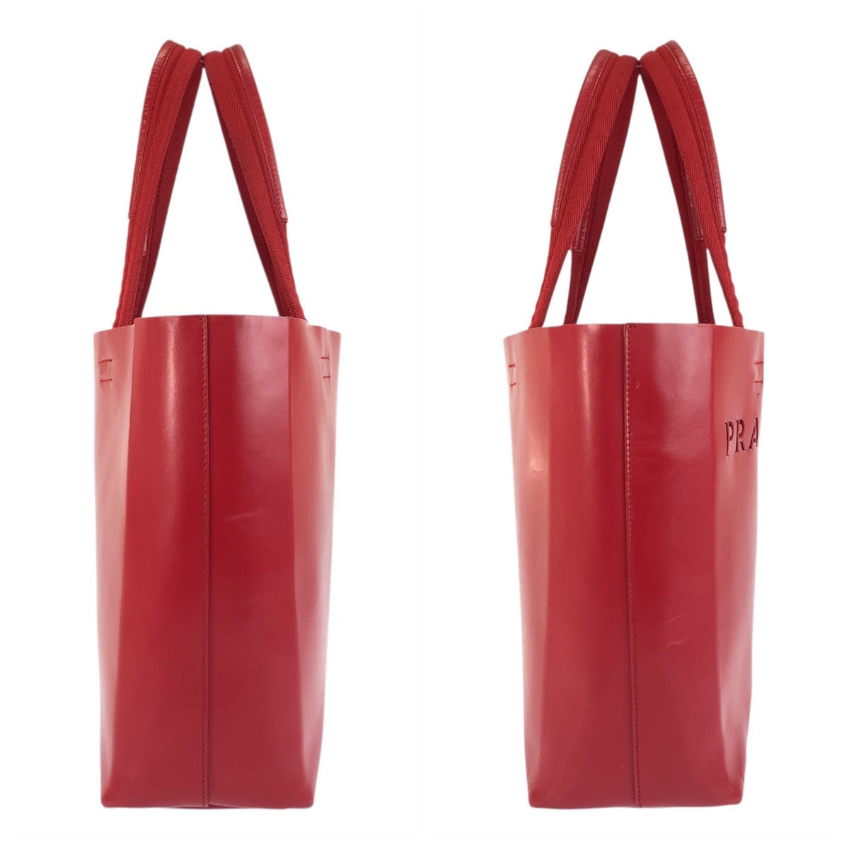 PRADA Tote Bag Leather, Suede Red Tote Bag Shoulder Bag Logo die cut Women Used Authentic