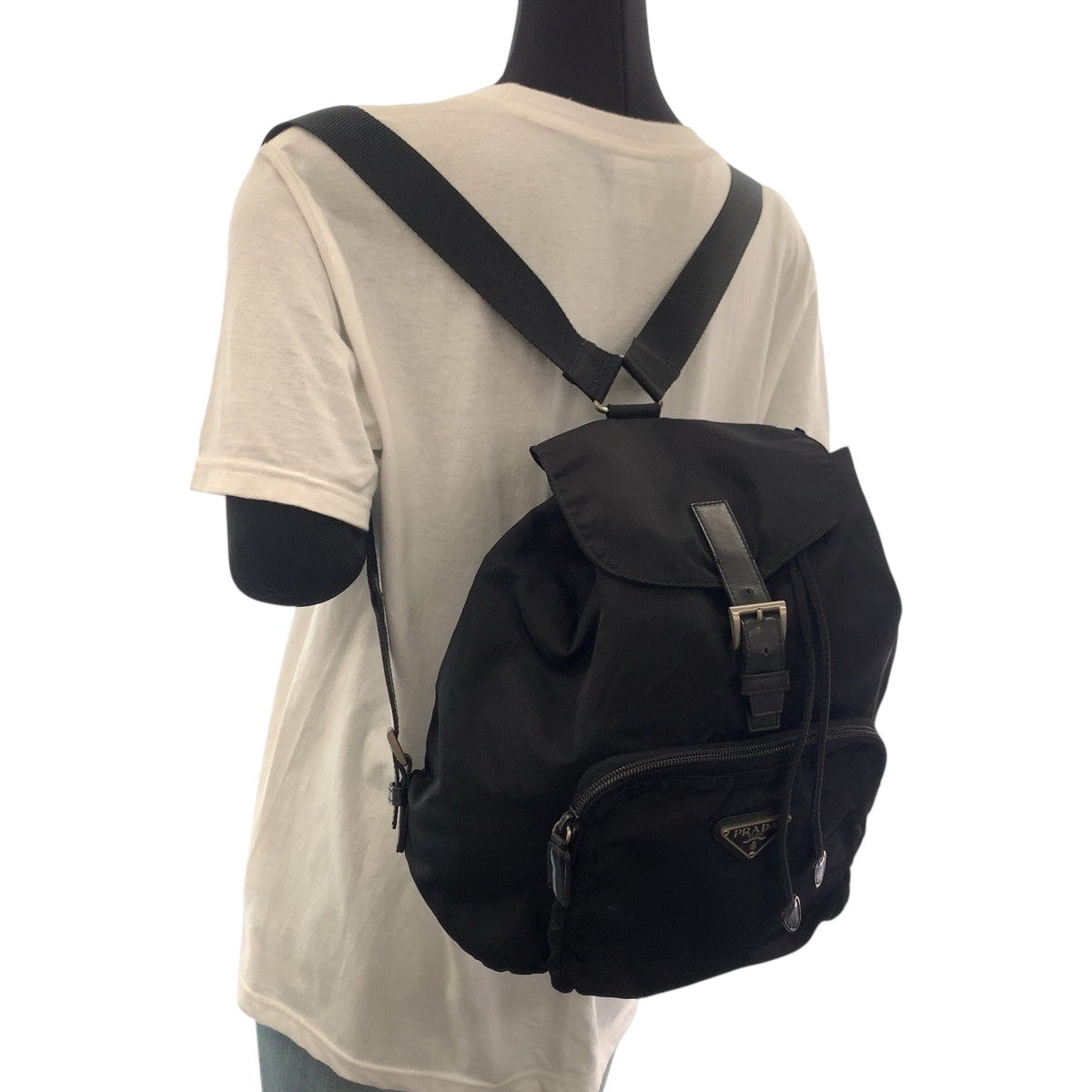 PRADA Backpack Nylon Black SilverMetal Backpack Backpack Test Triangle With logo Women Used Authentic