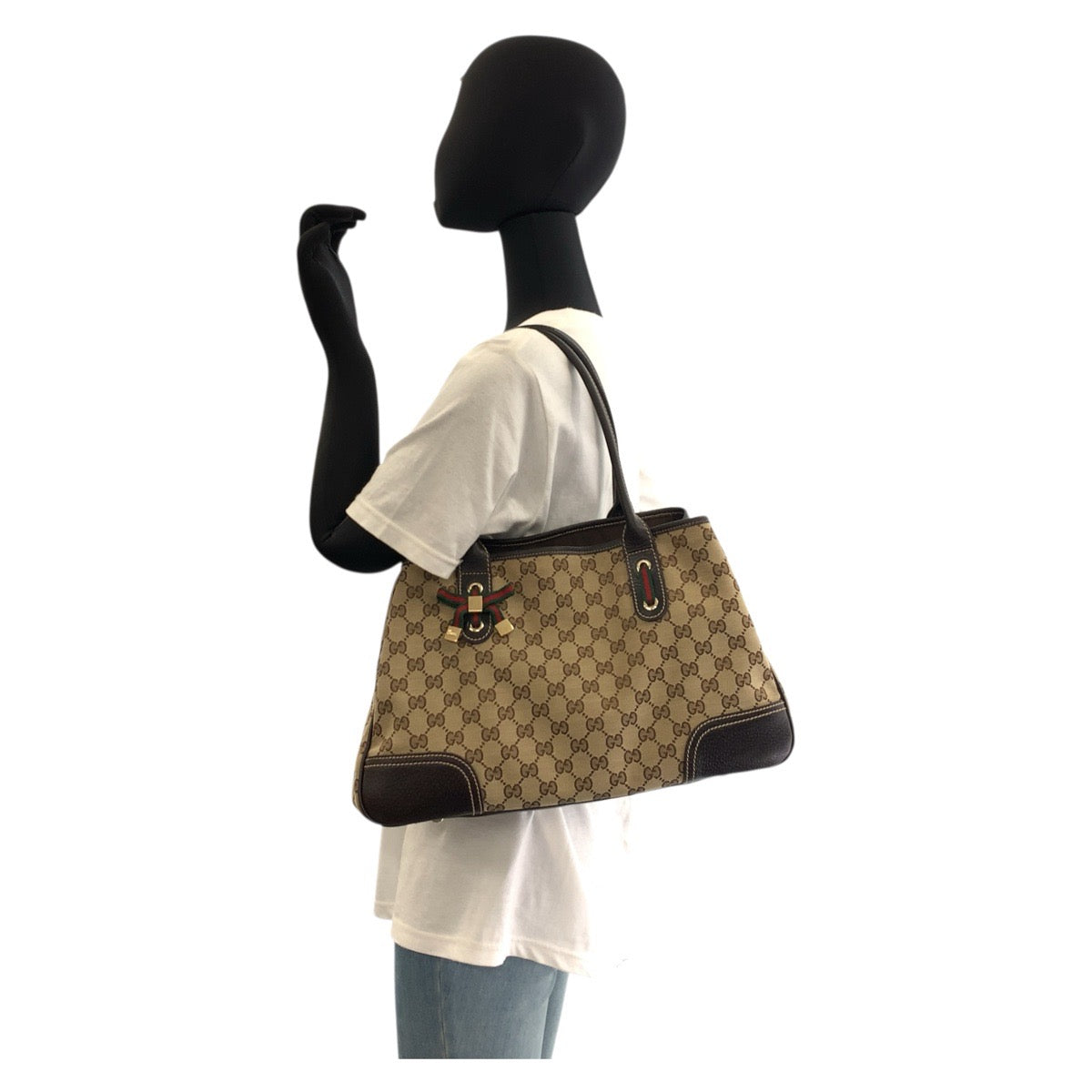 GUCCI Tote Bag 163805 GG canvas, leather Beige Brown Gold Metal Tote Bag Shoulder Bag Prince Shelley Line Women Used Authentic