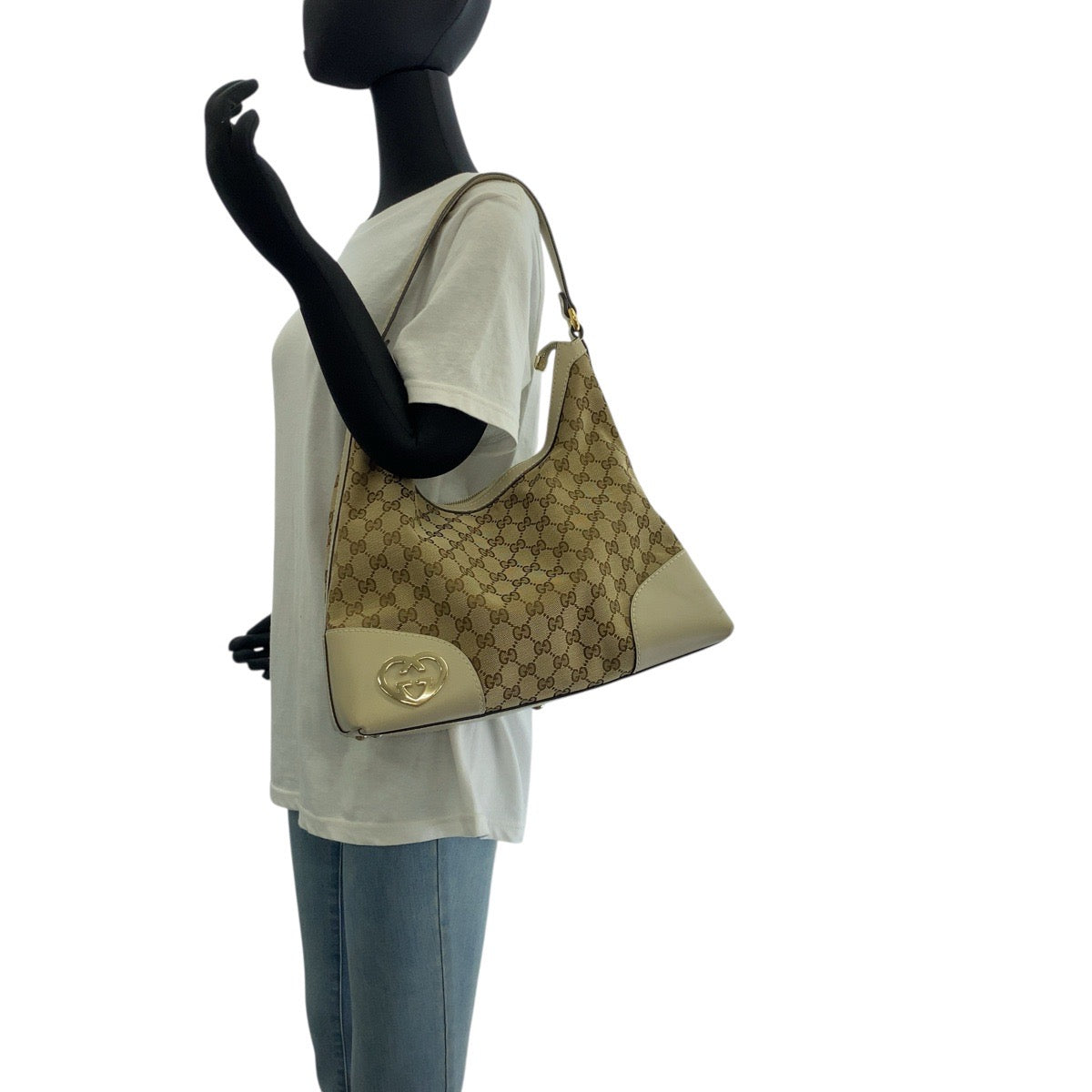 GUCCI Shoulder Bag 257070 GG canvas, leather Beige Ivory Gold Metal Hobo Shoulder Bag Lovely Women Used Authentic