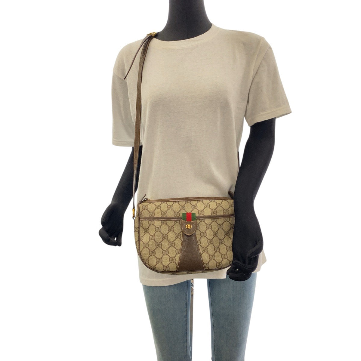 GUCCI Shoulder Bag 001 123 6177 GG Supreme Canvas, PVC Beige Brown Gold Metal Shoulder Bag Crossbody Old Gucci Shelly Line Women Used Authentic