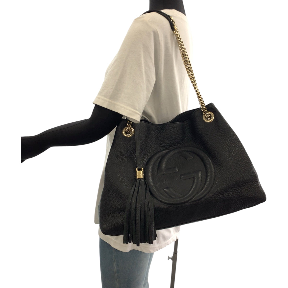 GUCCI Shoulder Bag 308982 leather Black Gold Metal ChainShoulder Bag Tote Bag Soho Interlocking Women Used Authentic