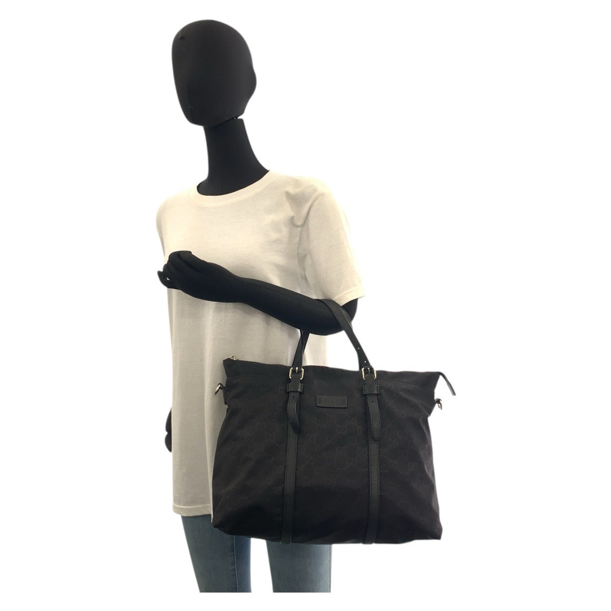 GUCCI Tote Bag 387067 Nylon Black SilverMetal Tote Bag Shoulder Bag 2way Business Bag GG pattern mens Used Authentic