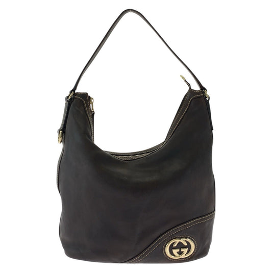 GUCCI Shoulder Bag 182491 leather Brown Gold Metal Interlocking Women Used Authentic