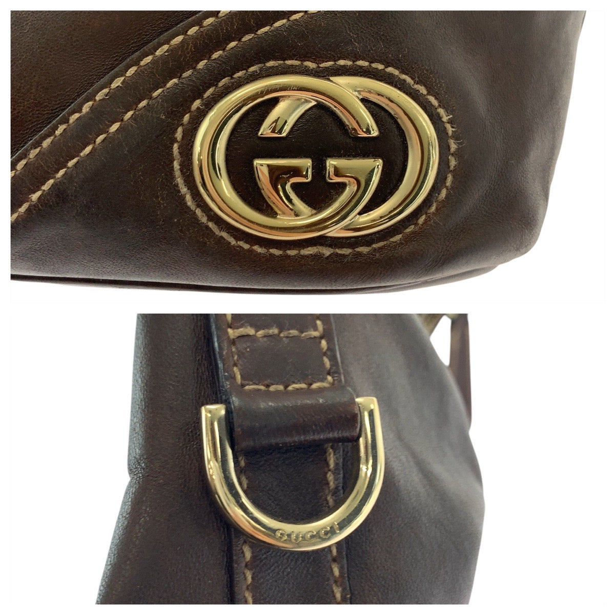 GUCCI Shoulder Bag 182491 leather Brown Gold Metal Interlocking Women Used Authentic