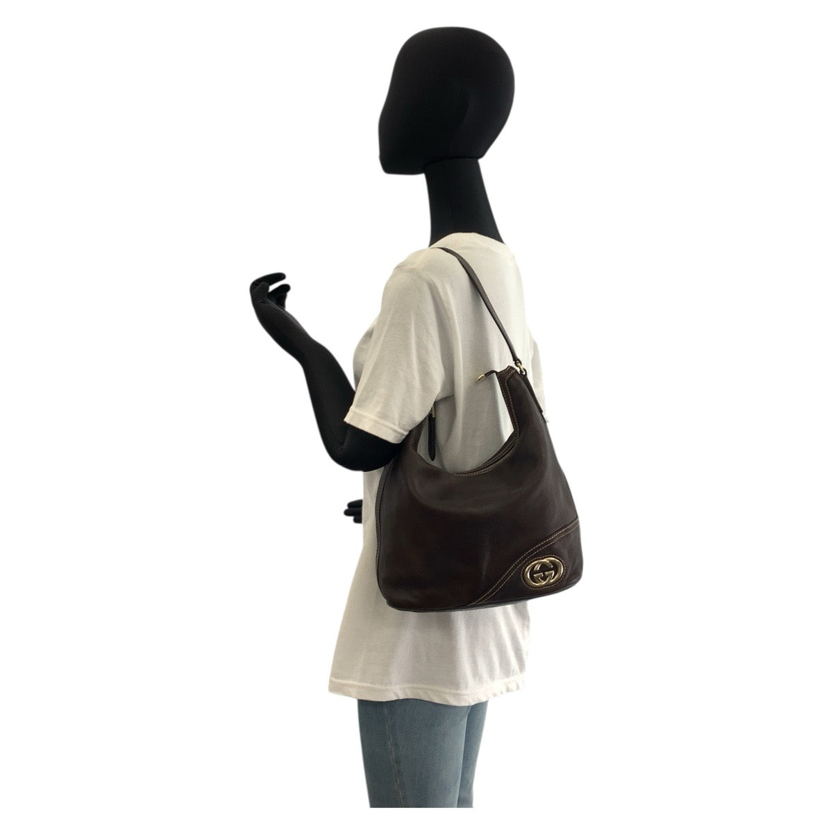 GUCCI Shoulder Bag 182491 leather Brown Gold Metal Interlocking Women Used Authentic